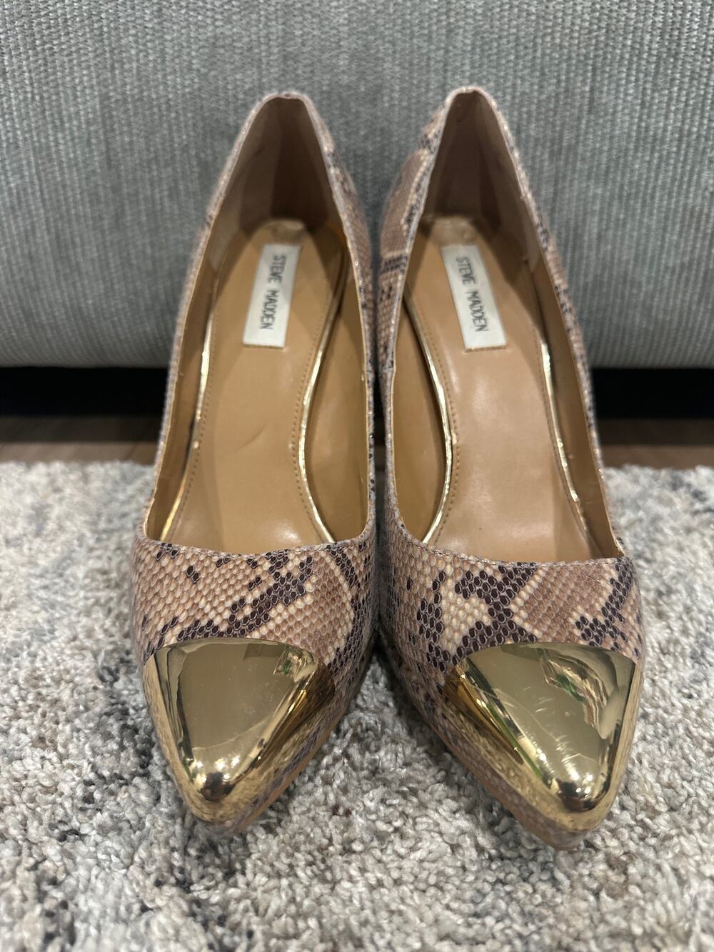 Steve Madden P-SNO Snakeskin Stilettos/Pumps With A Gold Metallic Toe Cap